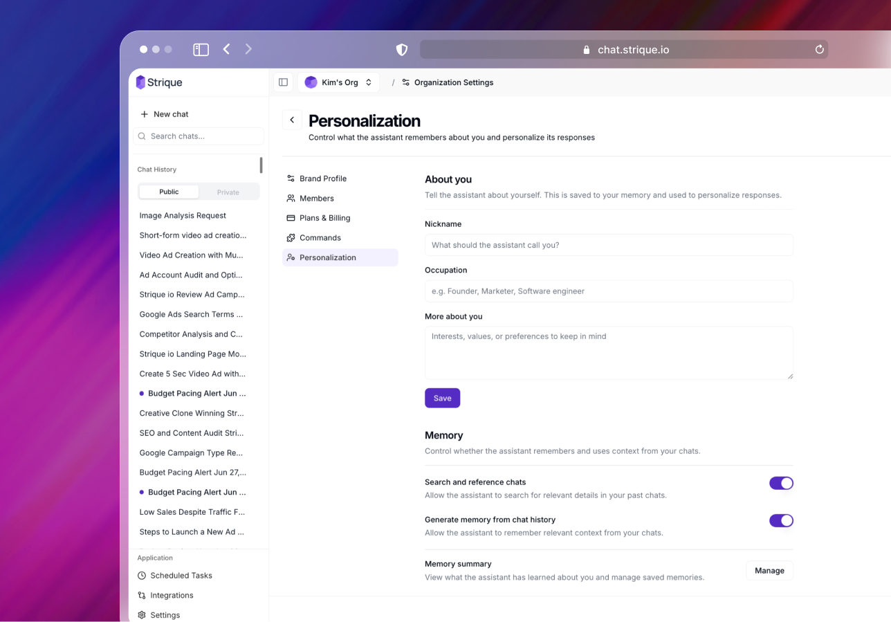 Strique personalization screen with memory and personalization controls