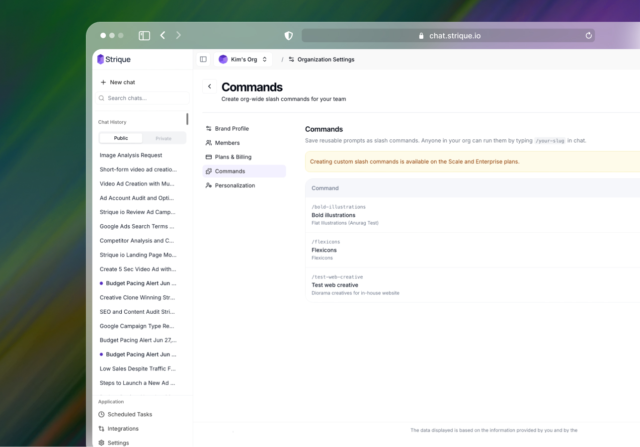 Strique commands screen listing saved slash commands available to the whole team